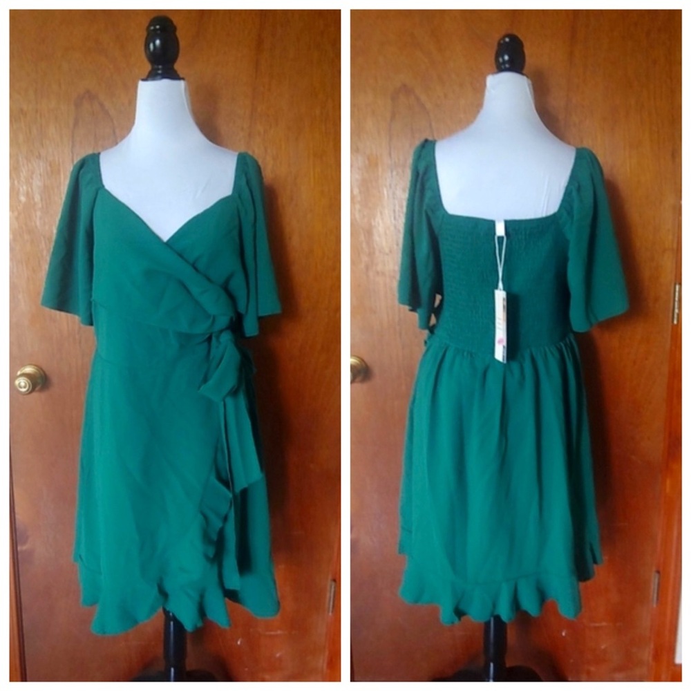NWT Dokotoo Green V Wrap Tie Ruffle Short Flutter Sleeve Cocktail Mini Dress L - Picture 3 of 14